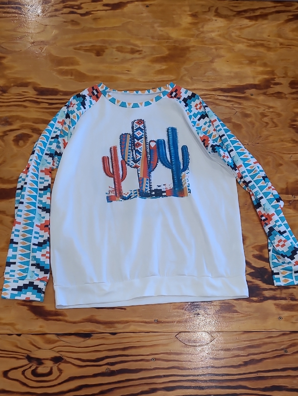 Girls White Cactus Graphic Raglan Top with Aztec Print Sleeves